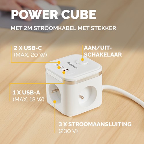 Cube d'alimentation Fellowes Power Cube E 3 prises 1x USB A 2x USB C 2m blanc FR/BE-2