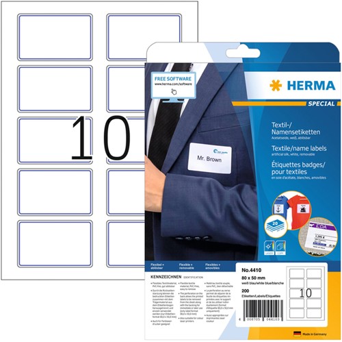 Etiquette badge HERMA 4410 80x50mm blanc bleu 200 pièces
