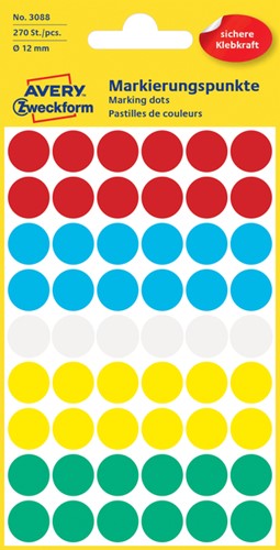 Etiket Avery 3088 rond 12mm assorti 270 stuks