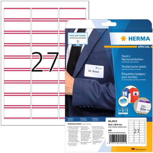 Naambadge etiket HERMA 4512 63.5x29.6mm wit/rood 540 stuks