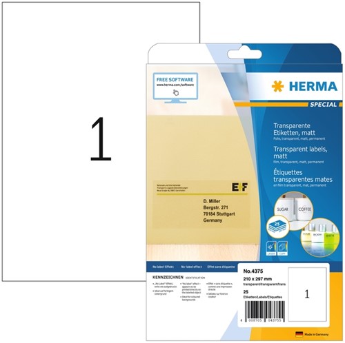 Etiquette HERMA 4375 210x297mm A4 transparent 25 pièces