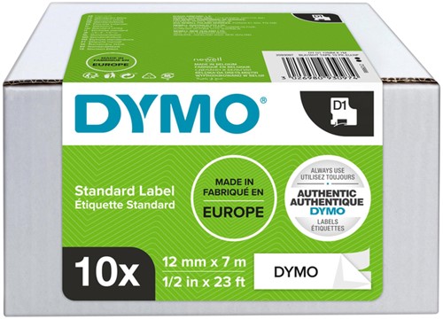 Ruban étiquettes Dymo LabelManager D1 polyester 12mm noir sur blanc 10 pièces
