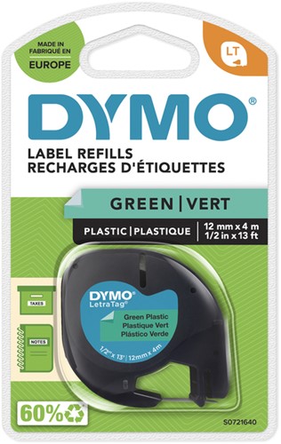 Ruban Dymo LetraTag plastique 12mmx4m noir sur vert