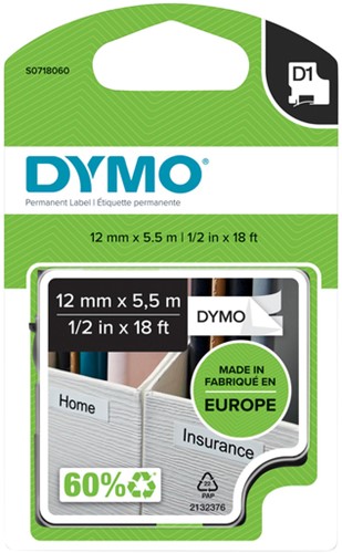 Ruban étiquettes Dymo LabelManager D1 polyester 12mmx5,5m noir sur blanc