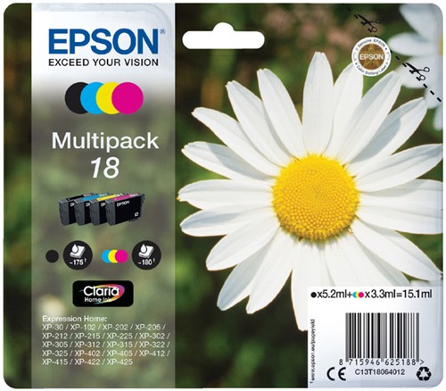 Cartouche d’encre Epson 18 T1806 noir + 3 couleurs